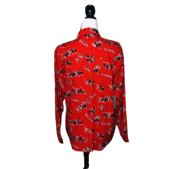 BIRCH BROS Button Down Blouse Black Red Polo Horse - Picture 3 of 13